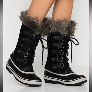 Sorel Black and Gray Fur-Trimmed Winter Boots